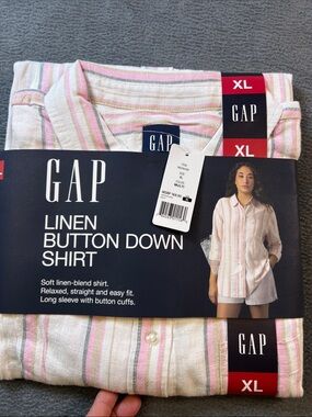 GAP Striped Linen Button-Down Shirt — Pink, Cream & Light Gray